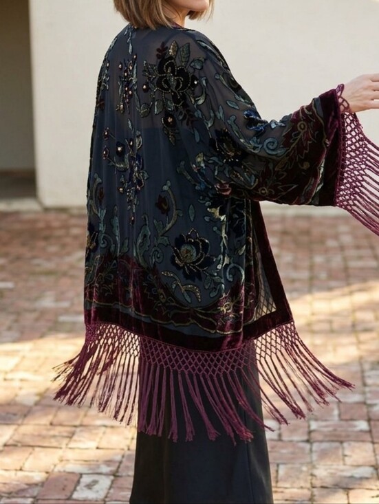 drapers & damons Sweaters - DRAPERS & DAMONS: Sheer Black Floral Embroidered Fringe Kimono with Accents